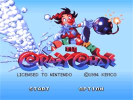 Title screen of Kid Klown In Crazy Chase on the Nintendo SNES.