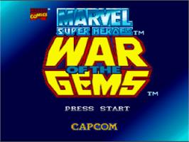 Title screen of Marvel Super Heroes in War of the Gems on the Nintendo SNES.