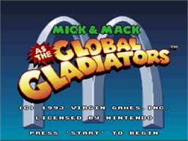 Title screen of Mick And Mack As The Global Gladiators on the Nintendo SNES.