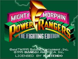 Title screen of Mighty Morphin Power Rangers - The Fighting Edition on the Nintendo SNES.
