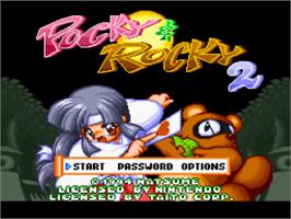 Title screen of Pocky & Rocky 2 on the Nintendo SNES.