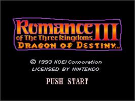 Title screen of Romance of the Three Kingdoms III: Dragon of Destiny on the Nintendo SNES.