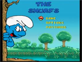 Title screen of Smurfs, The on the Nintendo SNES.