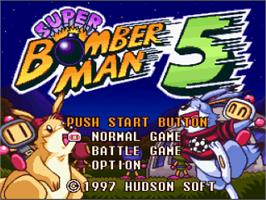 Title screen of Super Bomberman 5 on the Nintendo SNES.