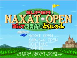 Title screen of Super Naxat Open - Golf De Shoubu Da Dorabocchan on the Nintendo SNES.