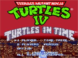 Title screen of Teenage Mutant Ninja Turtles IV: Turtles in Time on the Nintendo SNES.