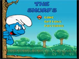 Title screen of The Smurfs on the Nintendo SNES.