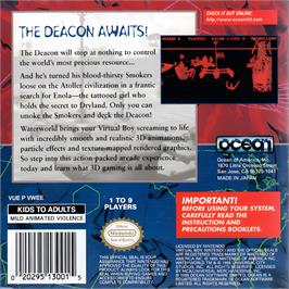 Box back cover for Waterworld on the Nintendo Virtual Boy.