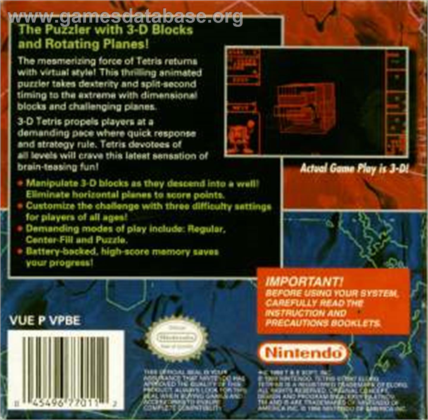 3D Tetris - Nintendo Virtual Boy - Artwork - Box Back