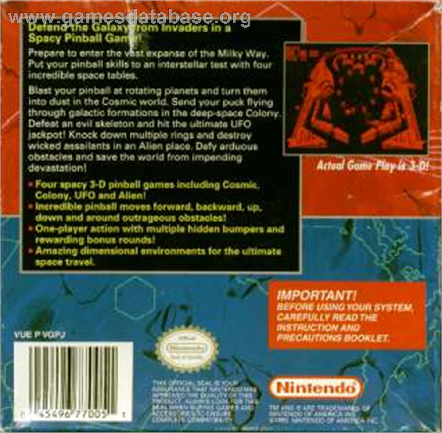Galactic Pinball - Nintendo Virtual Boy - Artwork - Box Back