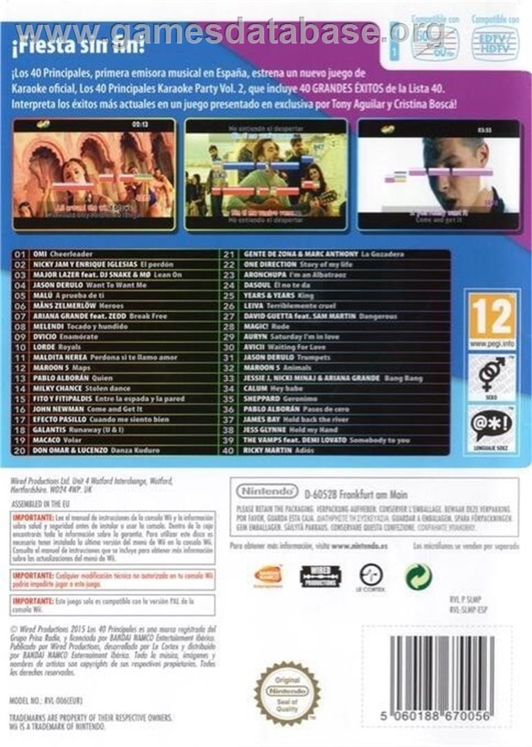 40 Principales, Los - Karaoke Party Vol. 2 - Nintendo Wii - Artwork - Box Back