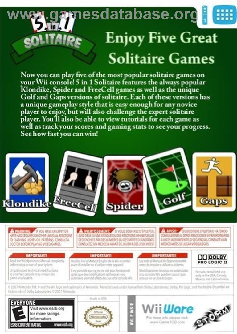 5 In 1 Solitaire - Nintendo Wii - Artwork - Box Back