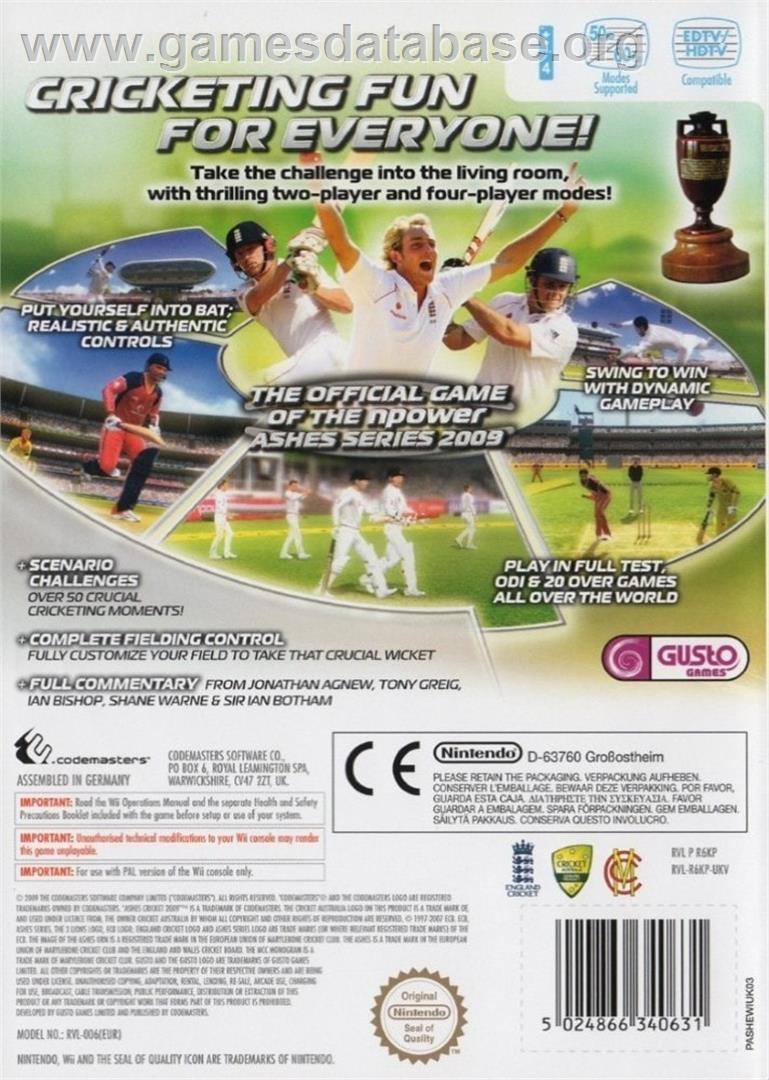 Ashes Cricket 2009 - Nintendo Wii - Artwork - Box Back