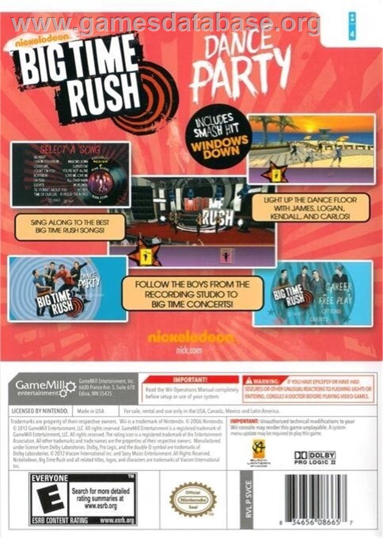 Big Time Rush - Dance Party - Nintendo Wii - Artwork - Box Back