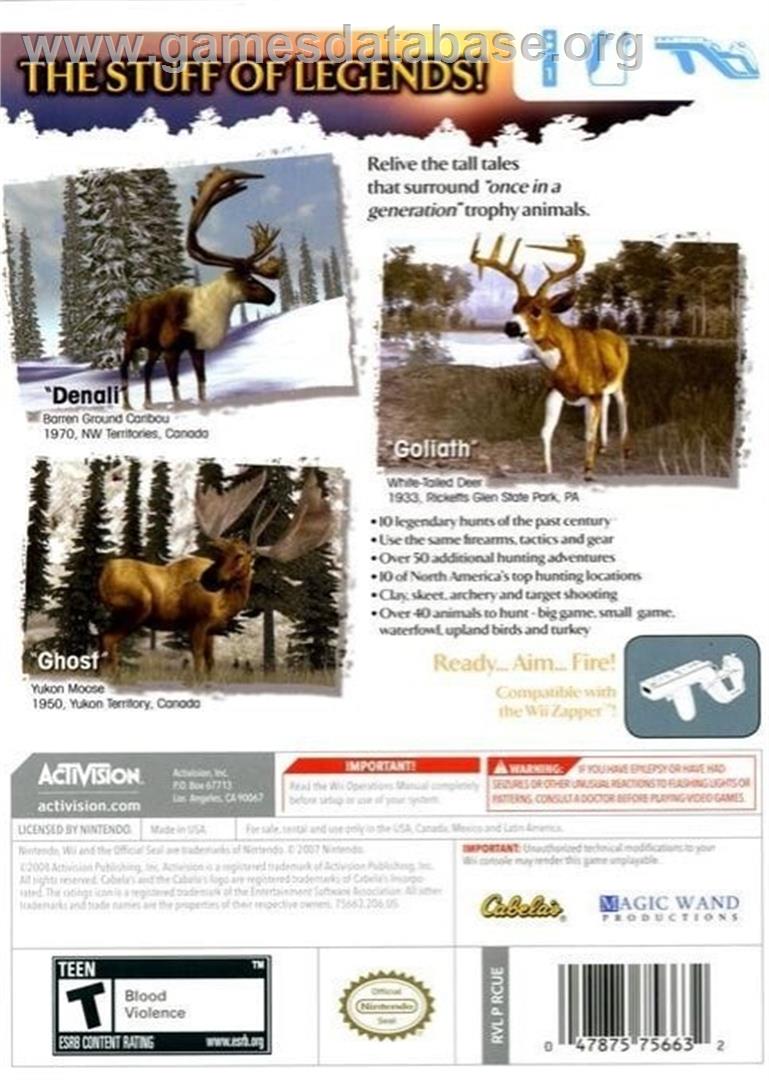 Cabela's Legendary Adventures - Nintendo Wii - Artwork - Box Back