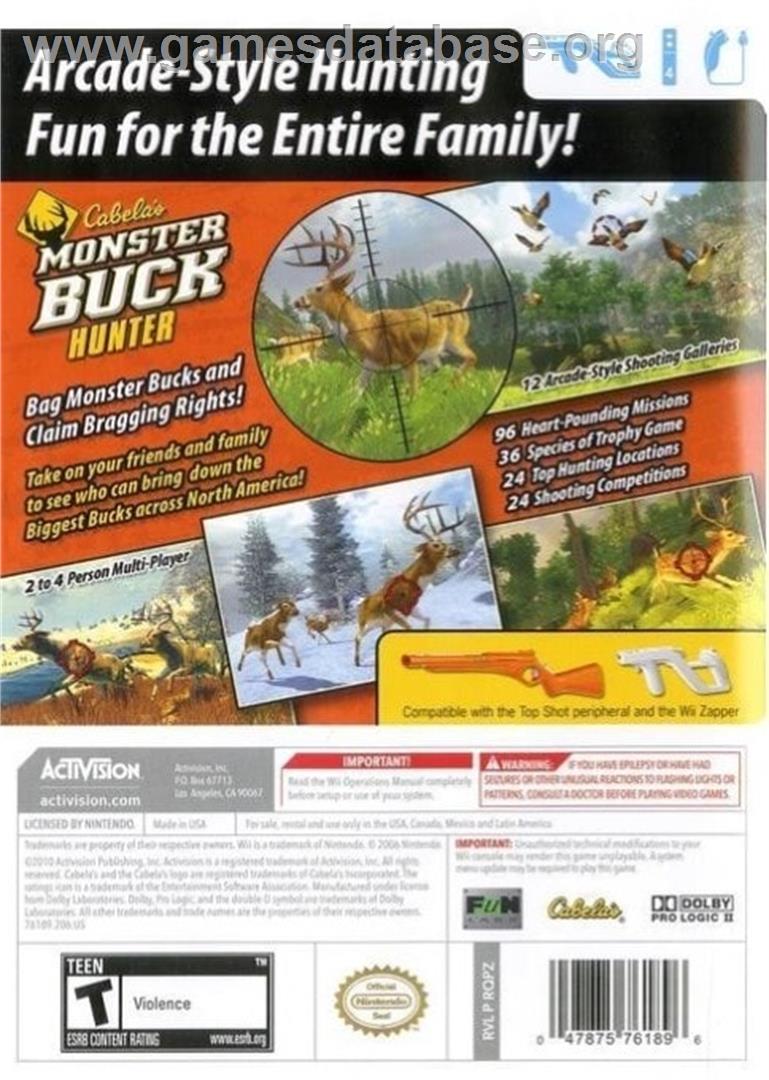 Cabela's Monster Buck Hunter - Nintendo Wii - Artwork - Box Back