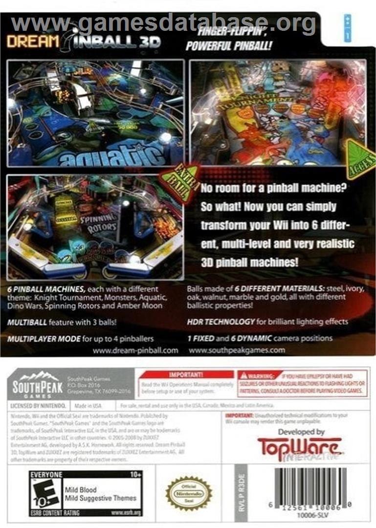 Dream Pinball 3d - Nintendo Wii - Artwork - Box Back