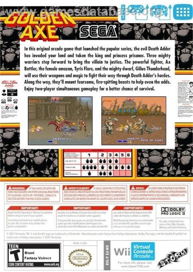 Golden Axe (Arcade) - Nintendo Wii - Artwork - Box Back