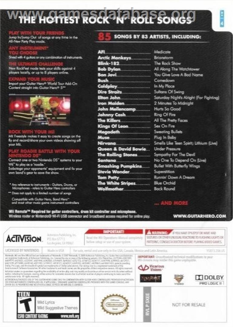 Guitar Hero 5 - Nintendo Wii - Artwork - Box Back