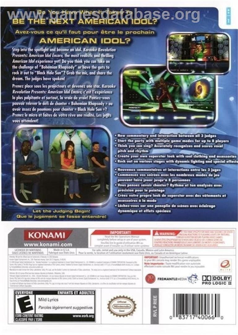 Karaoke Revolution Presents American Idol Encore 2 - Nintendo Wii - Artwork - Box Back