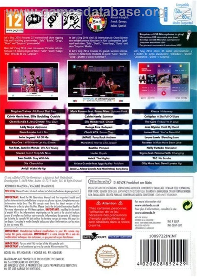 Let's Sing 2016 - Hits Français - Nintendo Wii - Artwork - Box Back