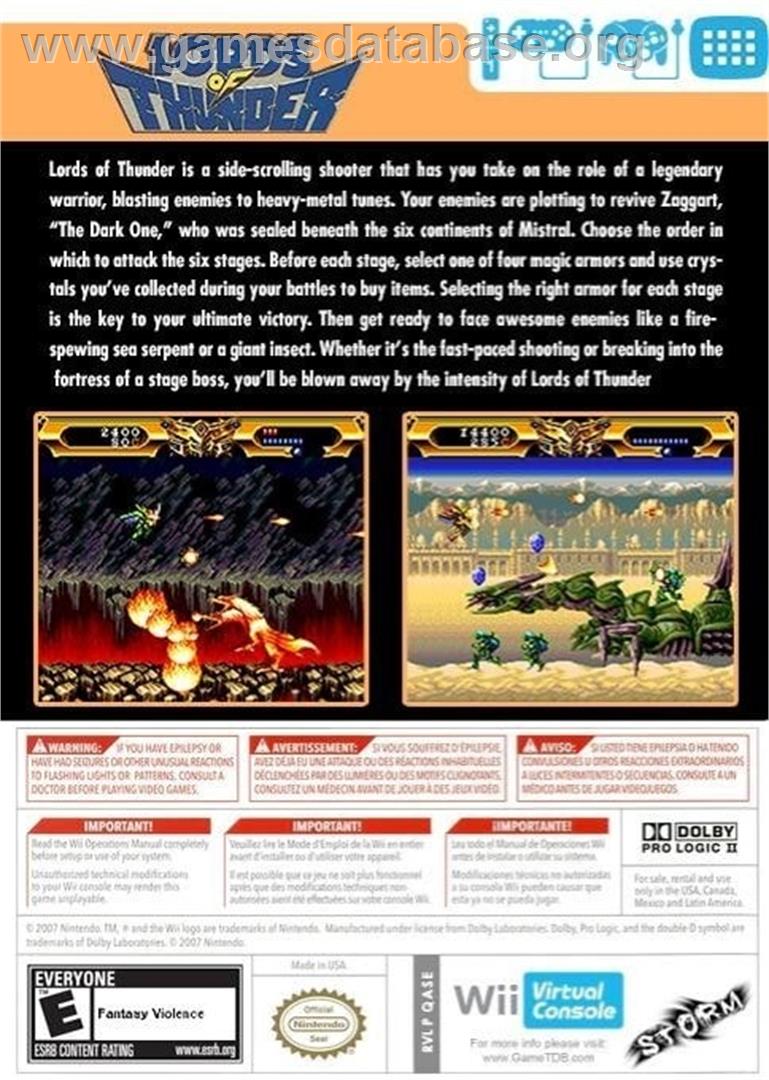 Lords Of Thunder (TGX) - Nintendo Wii - Artwork - Box Back