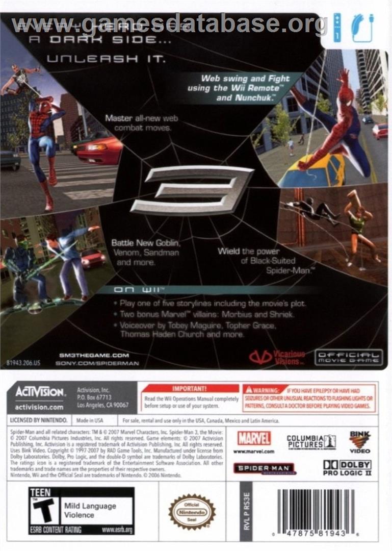 Spider-man 3 - Nintendo Wii - Artwork - Box Back