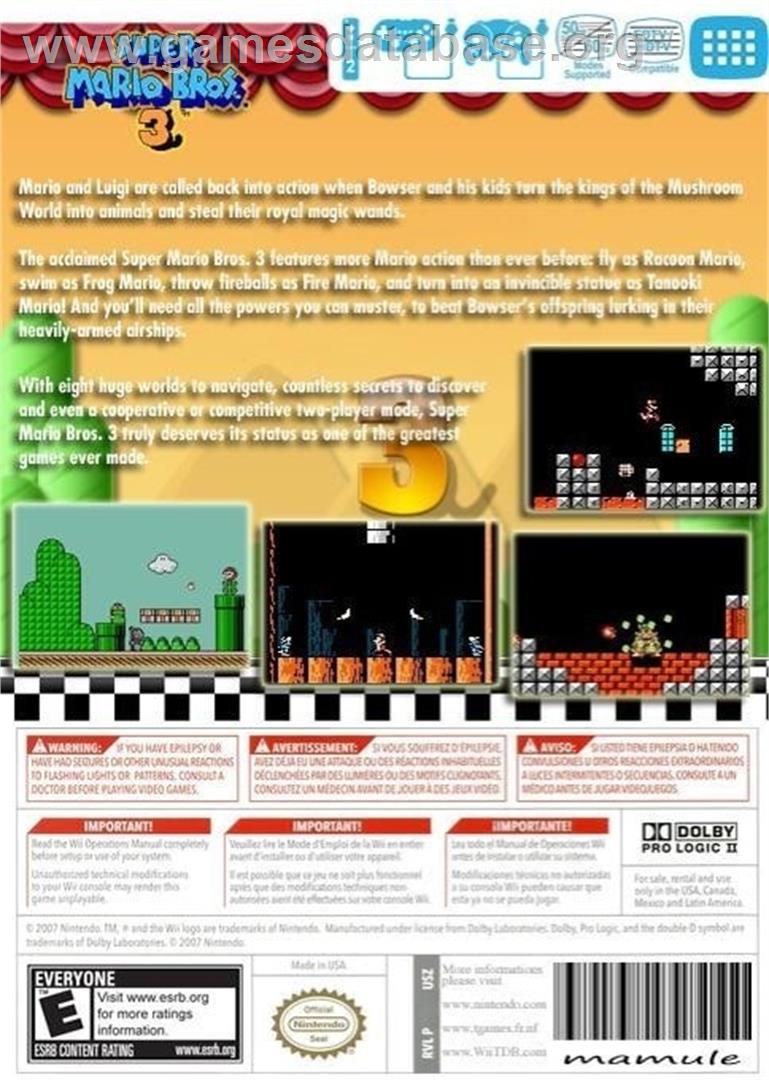 Super Mario Bros. 3 (NES) - Nintendo Wii - Artwork - Box Back