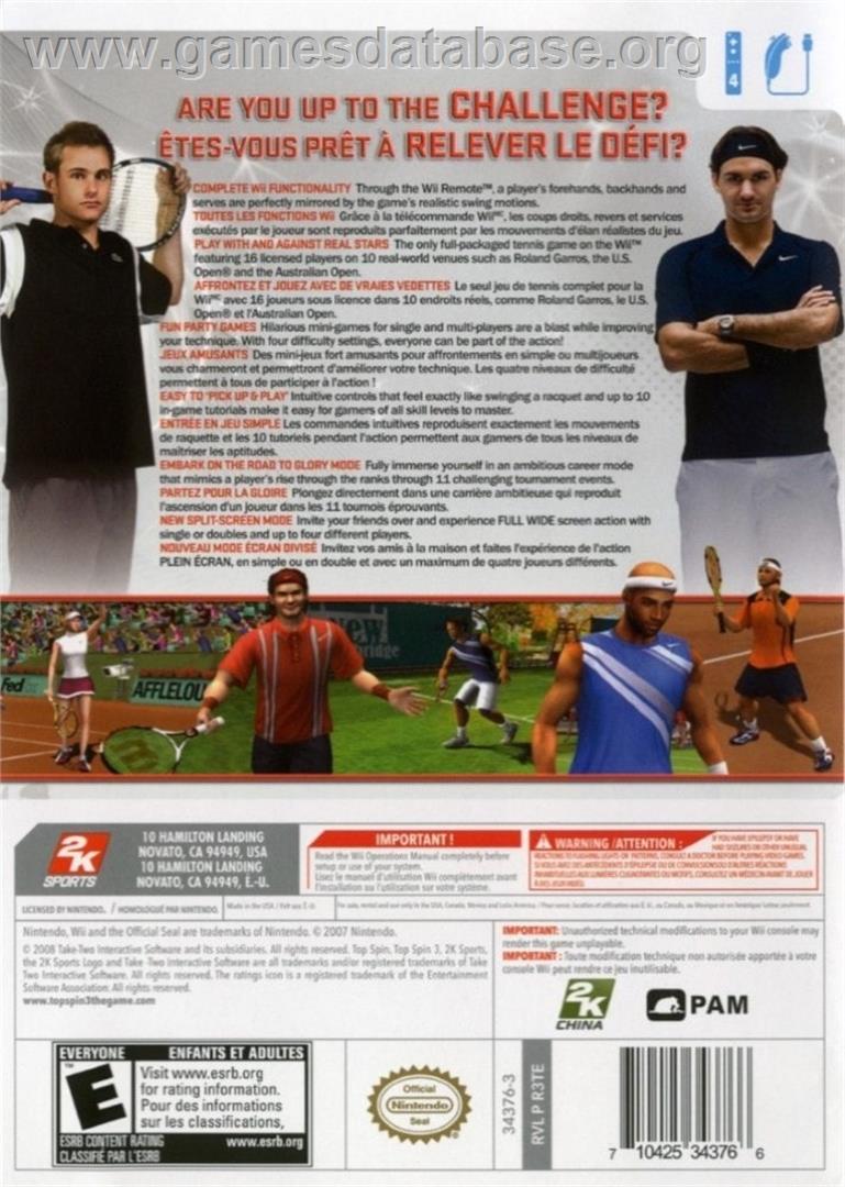 Top Spin 3 - Nintendo Wii - Artwork - Box Back