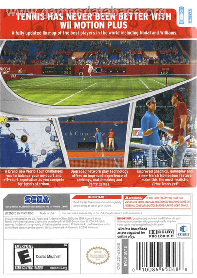 Virtua Tennis 4 - Nintendo Wii - Artwork - Box Back