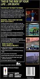 Box back cover for MegaRace on the Panasonic 3DO.