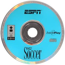 Cartridge artwork for ESPN Let's Play Soccer with John Harkes and Mia Hamm on the Panasonic 3DO.