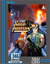 Box cover for Shock Troopers on the SNK Neo-Geo AES.