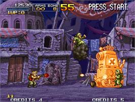 In game image of Metal Slug X - Super Vehicle-001 on the SNK Neo-Geo AES.