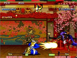 In game image of Samurai Shodown 3 on the SNK Neo-Geo AES.