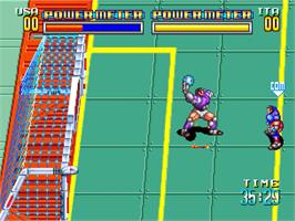 In game image of Soccer Brawl on the SNK Neo-Geo AES.