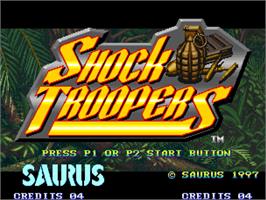 Title screen of Shock Troopers on the SNK Neo-Geo AES.
