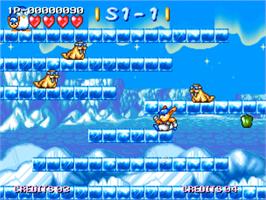 In game image of Bang Bang Busters on the SNK Neo-Geo CD.