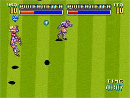 In game image of Soccer Brawl on the SNK Neo-Geo CD.