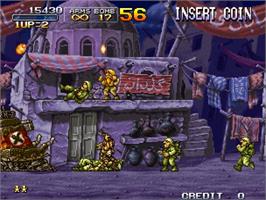 In game image of Metal Slug X - Super Vehicle-001 on the SNK Neo-Geo MVS.