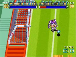 In game image of Soccer Brawl on the SNK Neo-Geo MVS.