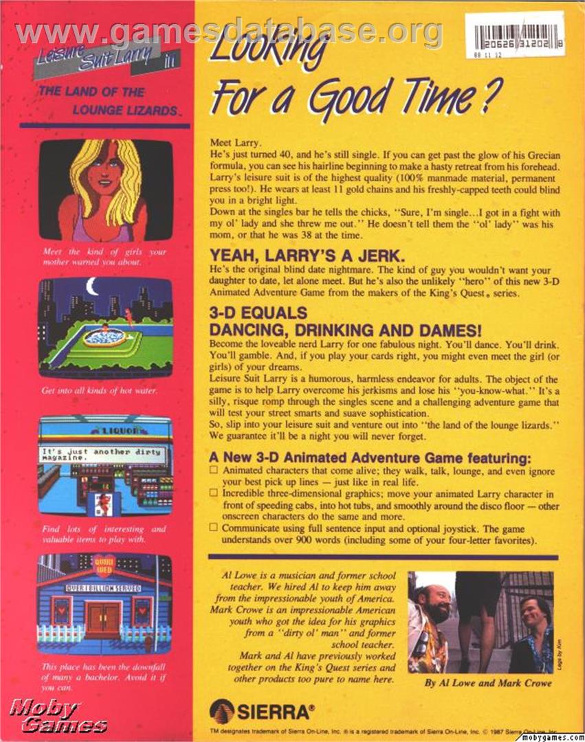 Leisure Suit Larry in the Land of the Lounge Lizards - ScummVM - Artwork - Box Back