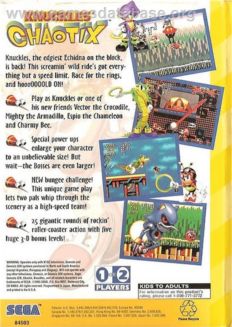 Knuckles' Chaotix - Sega 32X - Artwork - Box Back
