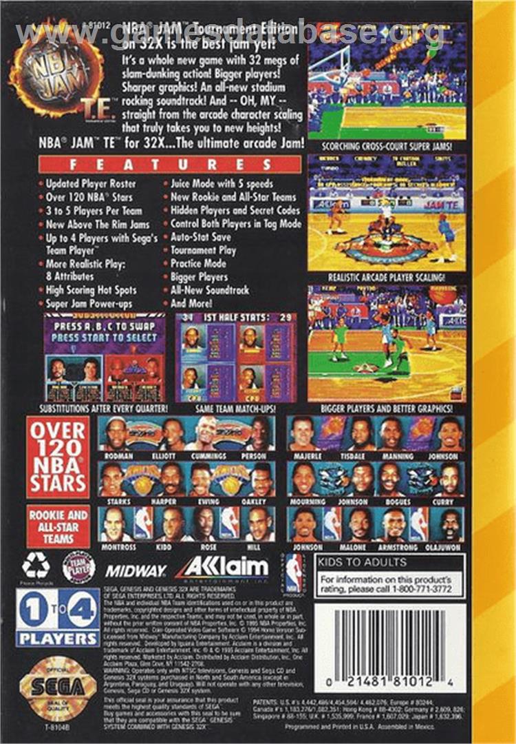 NBA Jam TE - Sega 32X - Artwork - Box Back