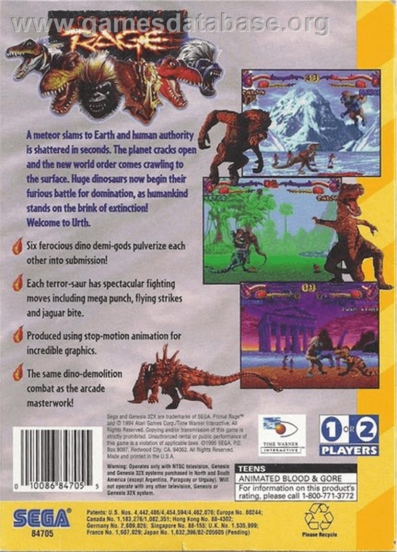 Primal Rage - Sega 32X - Artwork - Box Back