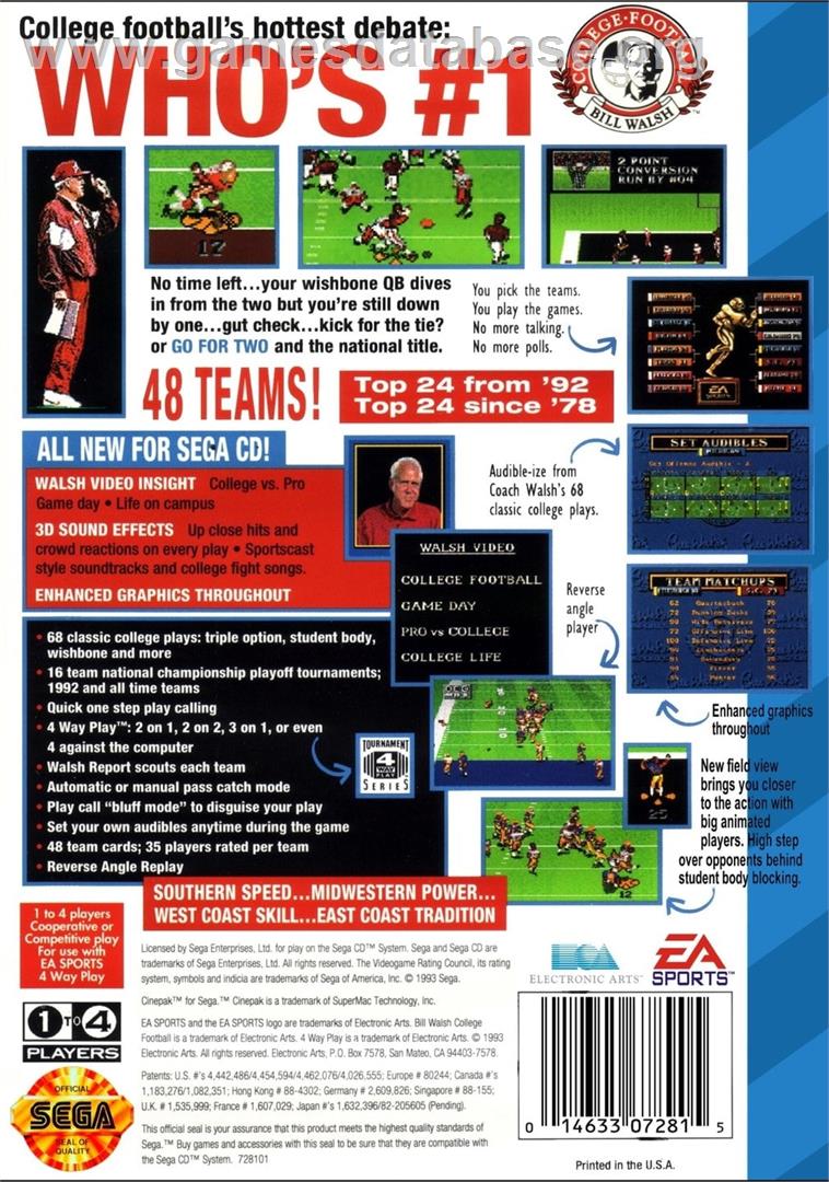 Bill Walsh College Football - Sega CD - Artwork - Box Back