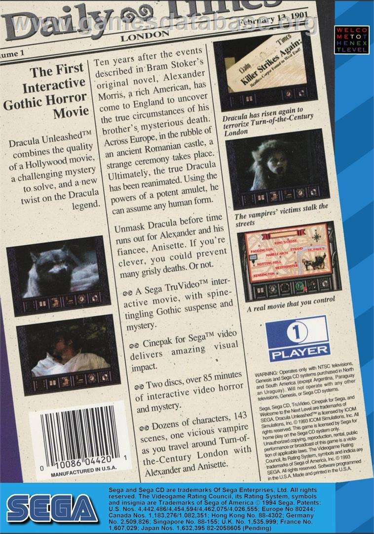 Dracula Unleashed - Sega CD - Artwork - Box Back