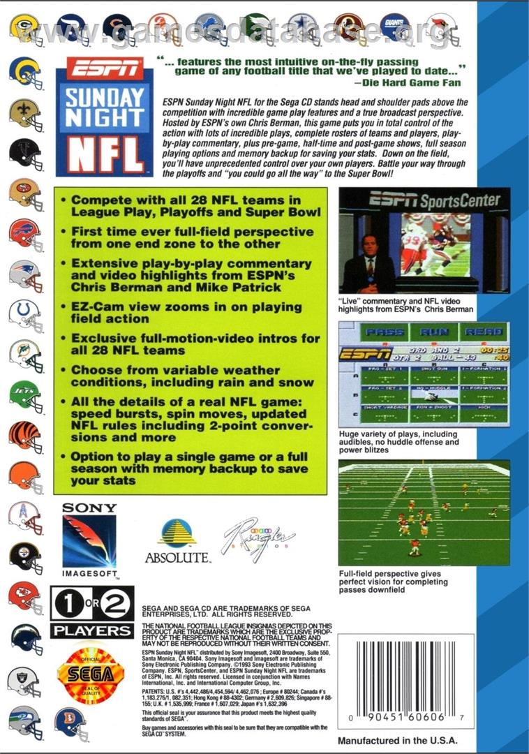 Espn Sunday Night Nfl - Sega CD - Artwork - Box Back