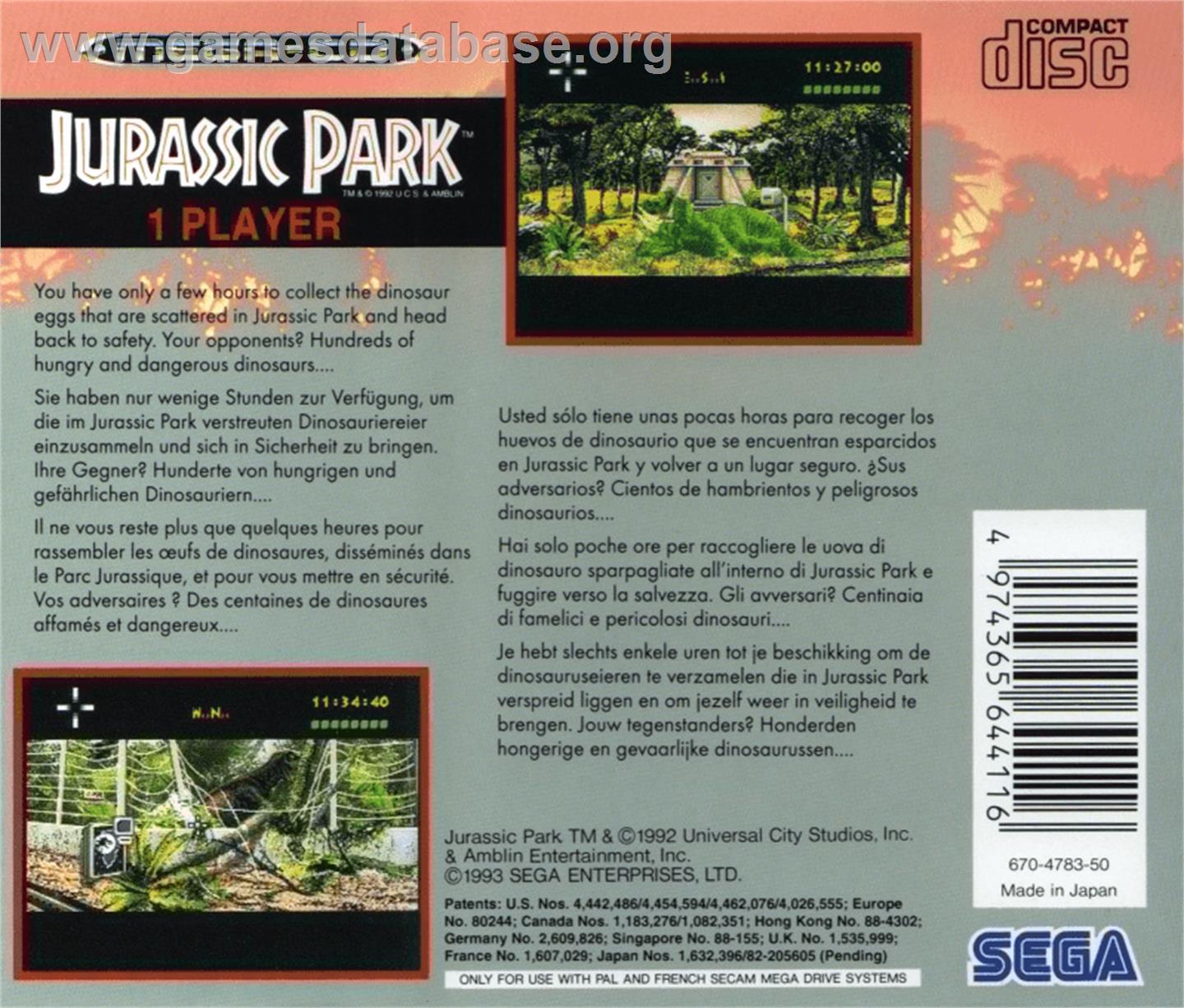 Jurassic Park - Sega CD - Artwork - Box Back