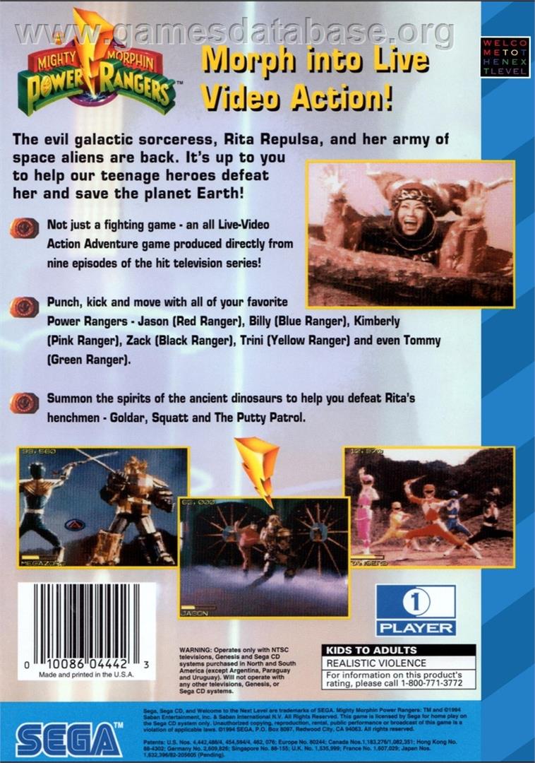 Mighty Morphin Power Rangers - Sega CD - Artwork - Box Back